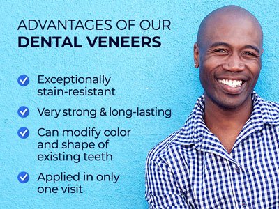 Man smiling next to text.
Text reads: Advantages of our dental veneers. Exceptionally stain-resistant. Very strong & long-lasting. Can modify color and shape of existing teeth. Applied in only one visit.